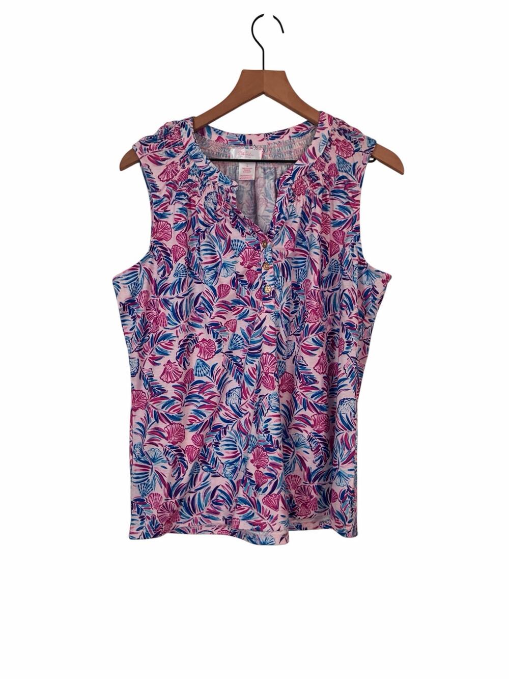 Sleeveless Floral Keyhole Blouse in Pink and Blue